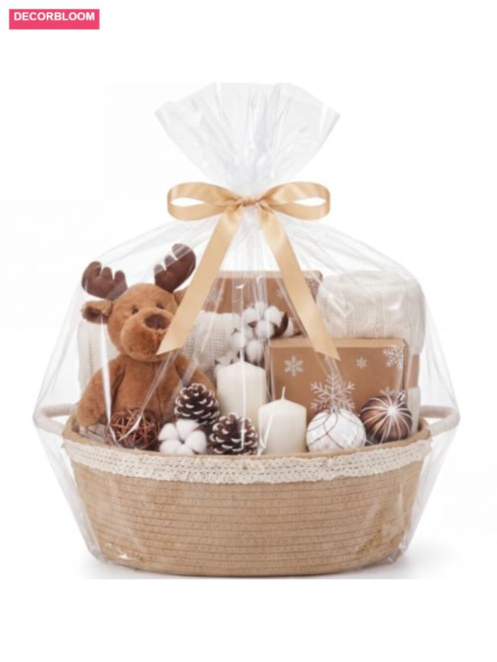 Empty Woven Gift Basket Kit with Lace Handle, Reusable Cotton Rope Basket for